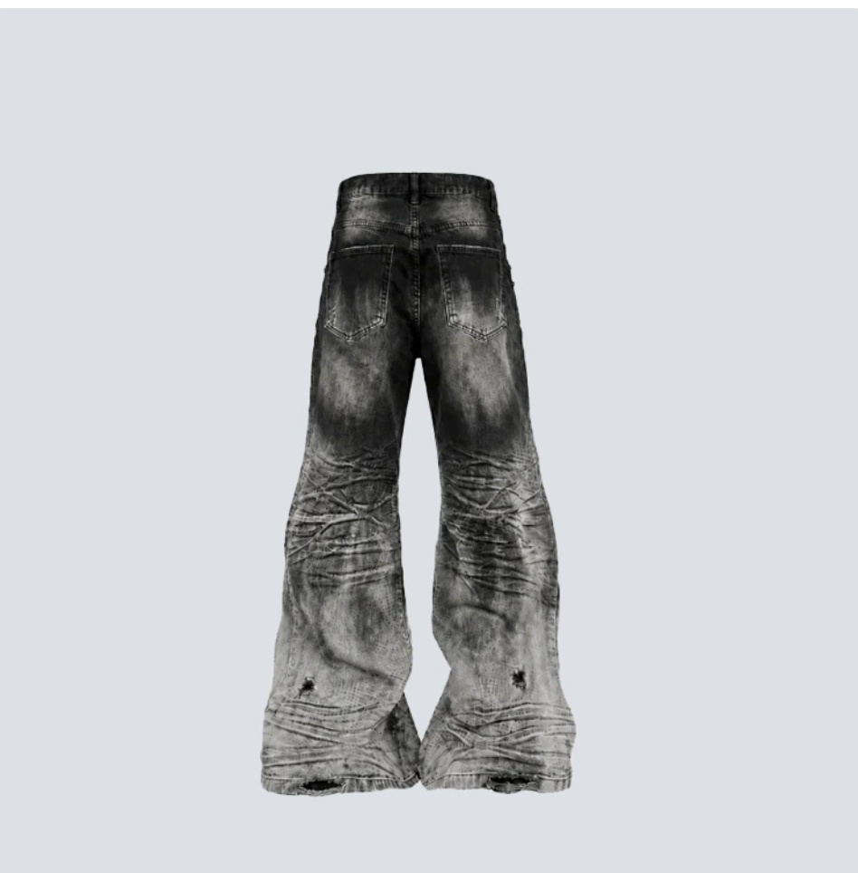 GY distressed thorn-print loose jeans, gothic style ripped and frayed fla
