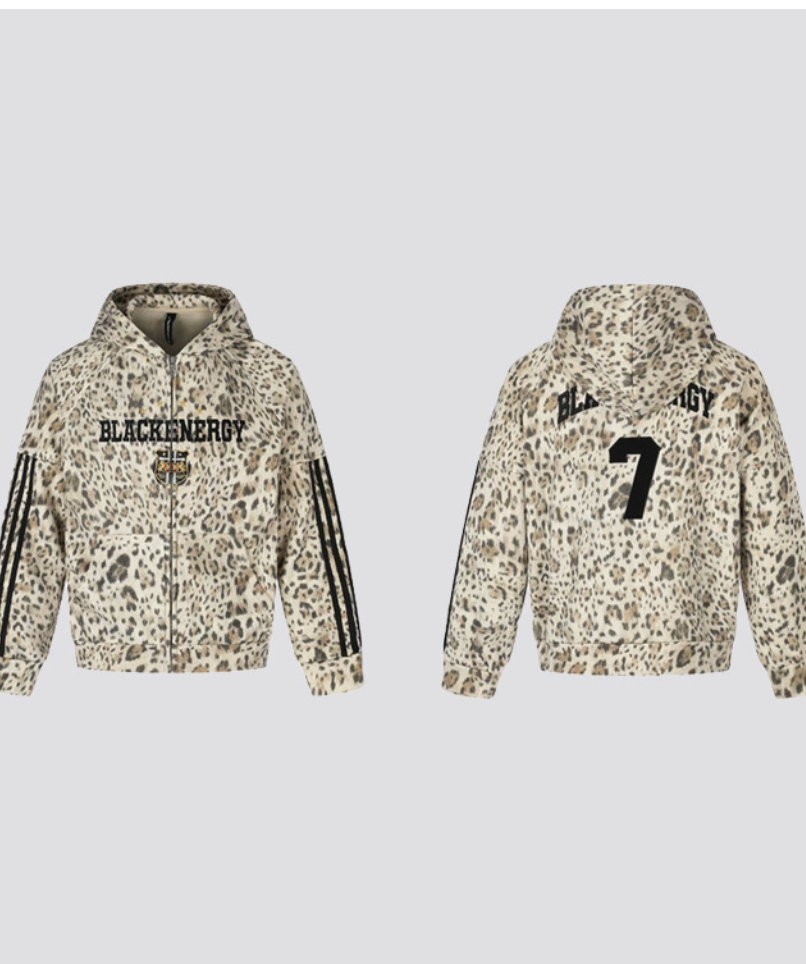 GY American retro leopard print all-over printed hooded zip-up jacket