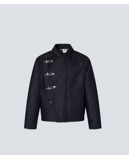 GY Vintage Metal Buckle Denim Jacket for Men with Hidden Zipper
