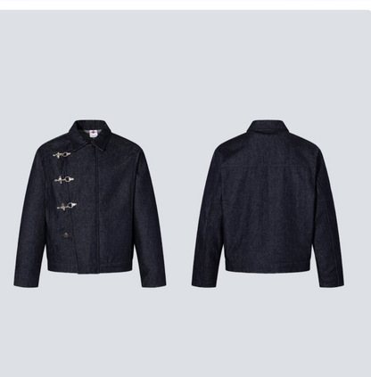 GY Vintage Metal Buckle Denim Jacket for Men with Hidden Zipper