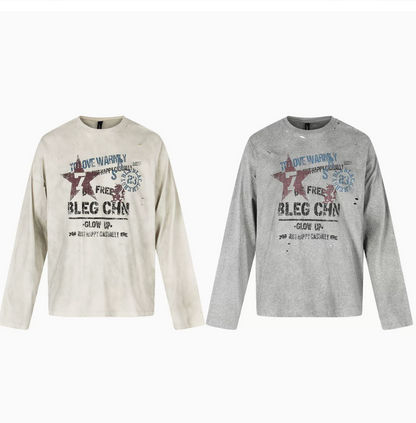 GY American retro printed long-sleeve T-shirt