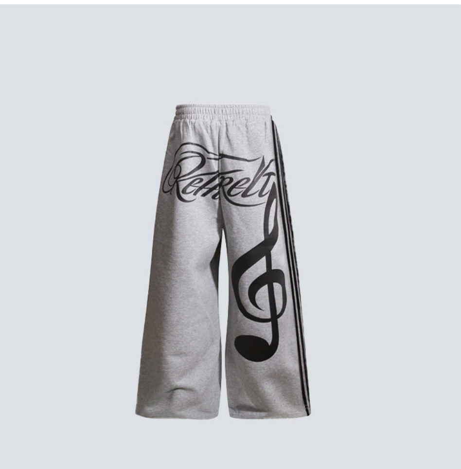 GY American-style musical note and cursive letter print wide-leg pants