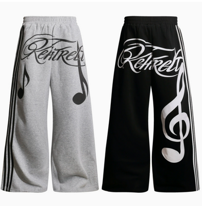 GY American-style musical note and cursive letter print wide-leg pants
