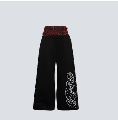 GY rivet leopard print patchwork double-waisted sweatpants with floral