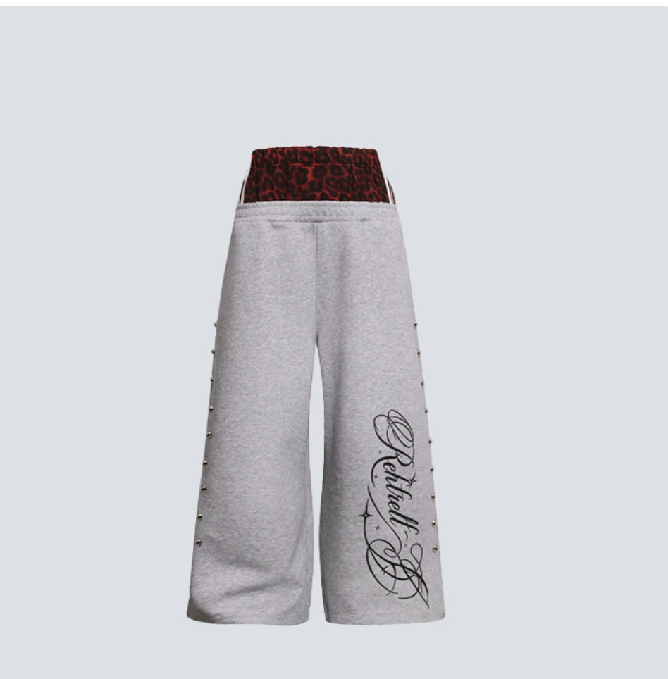 GY rivet leopard print patchwork double-waisted sweatpants with floral