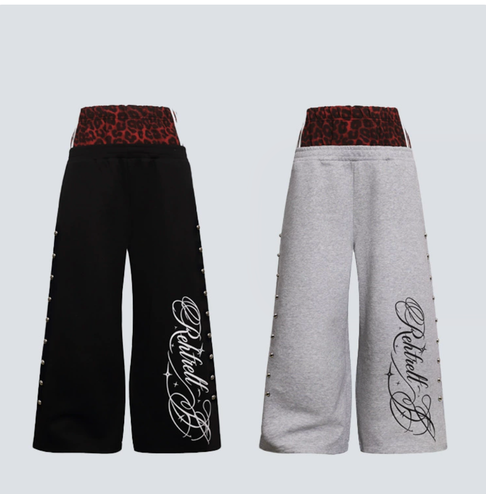 GY rivet leopard print patchwork double-waisted sweatpants with floral