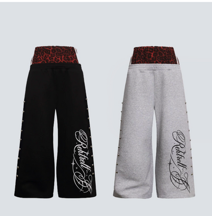 GY rivet leopard print patchwork double-waisted sweatpants with floral