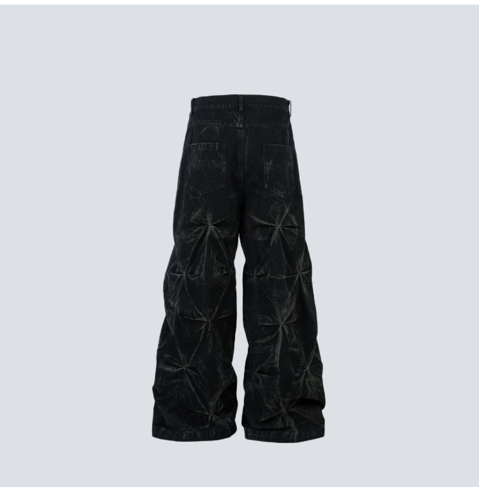 GY American high street style pleated distressed jeans with three-dime