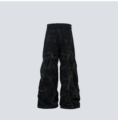 GY American high street style pleated distressed jeans with three-dime