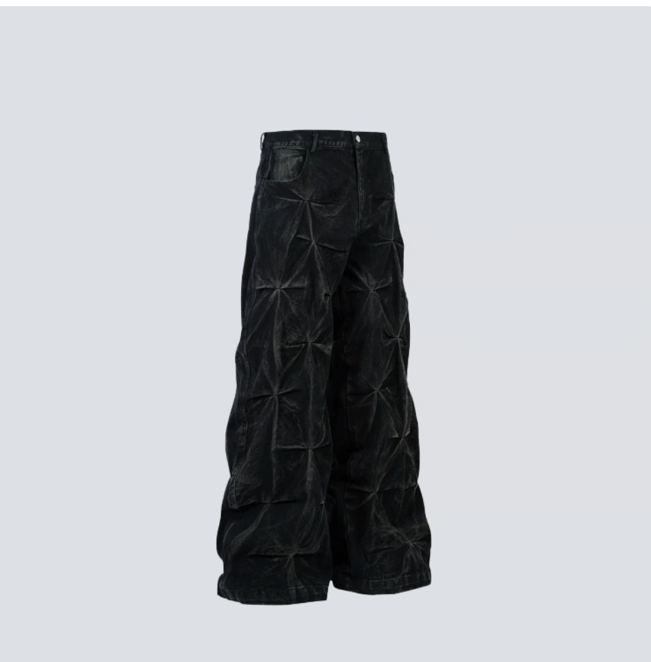 GY American high street style pleated distressed jeans with three-dime
