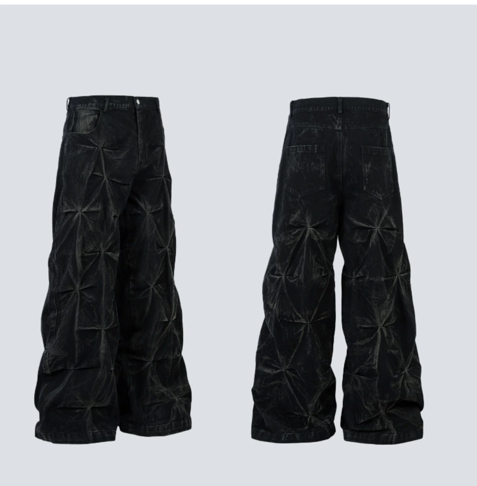 GY American high street style pleated distressed jeans with three-dime