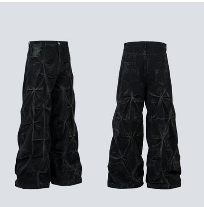 GY American high street style pleated distressed jeans with three-dime