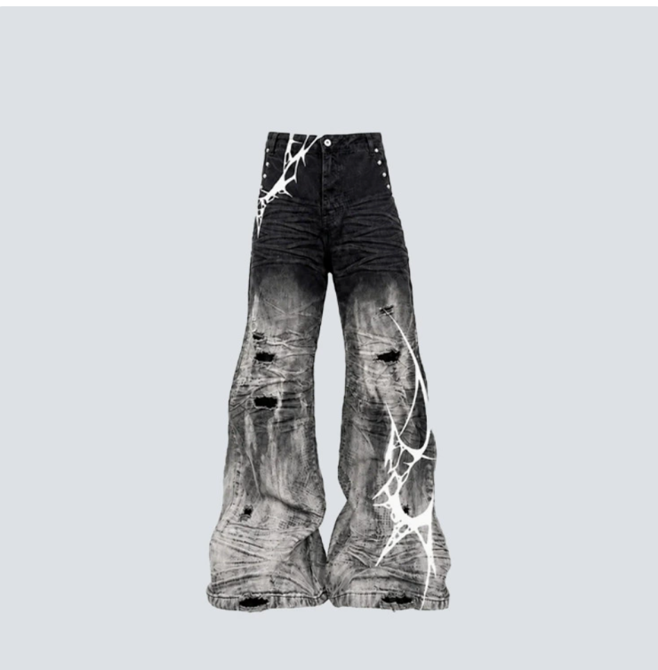GY distressed thorn-print loose jeans, gothic style ripped and frayed fla