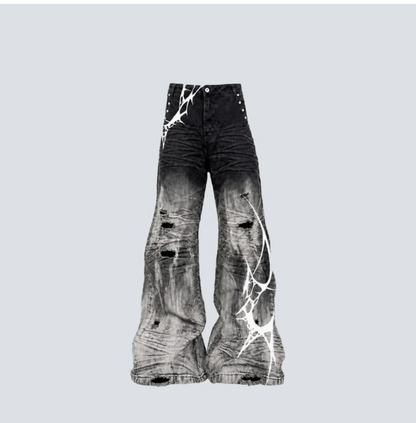 GY distressed thorn-print loose jeans, gothic style ripped and frayed fla