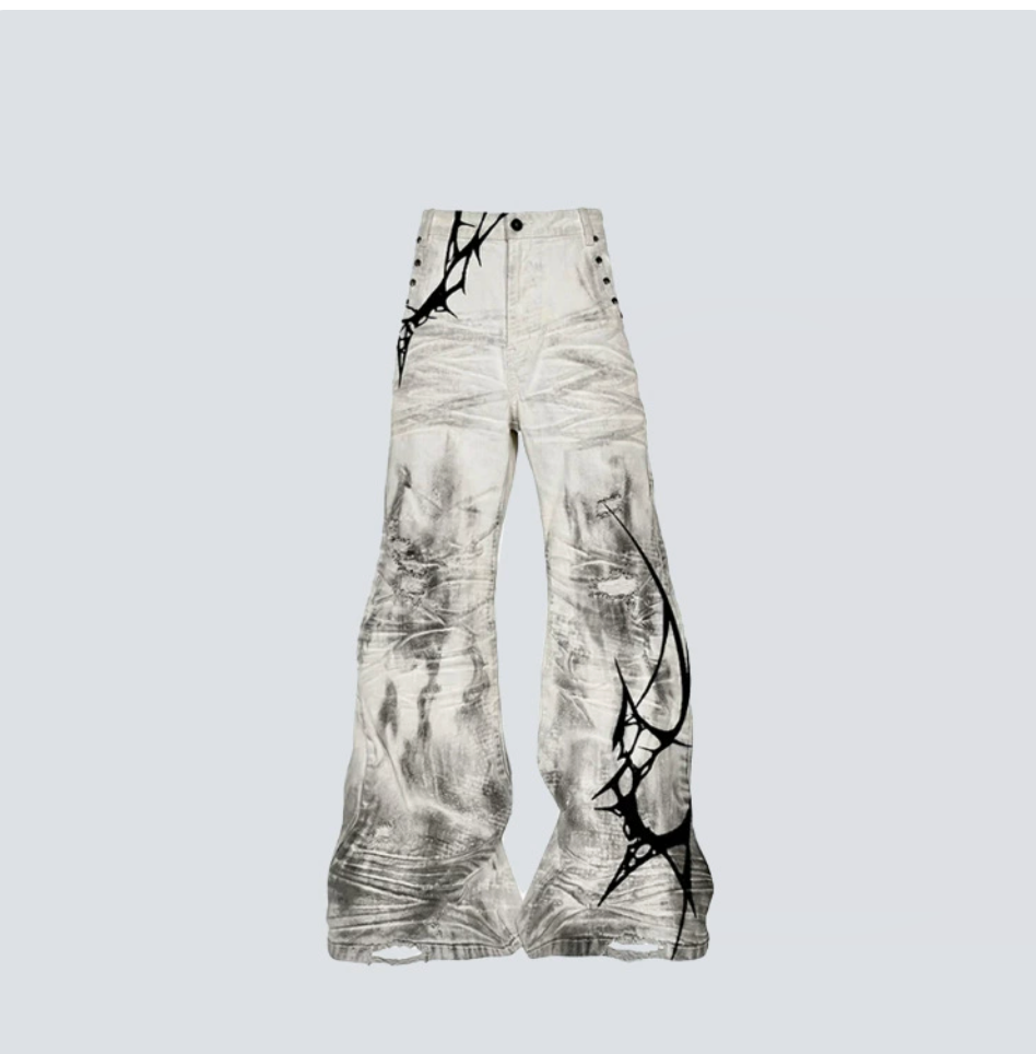 GY distressed thorn-print loose jeans, gothic style ripped and frayed fla