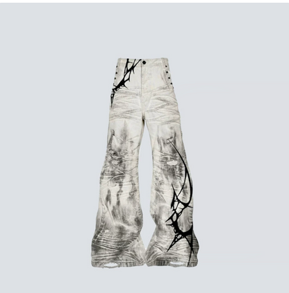 GY distressed thorn-print loose jeans, gothic style ripped and frayed fla