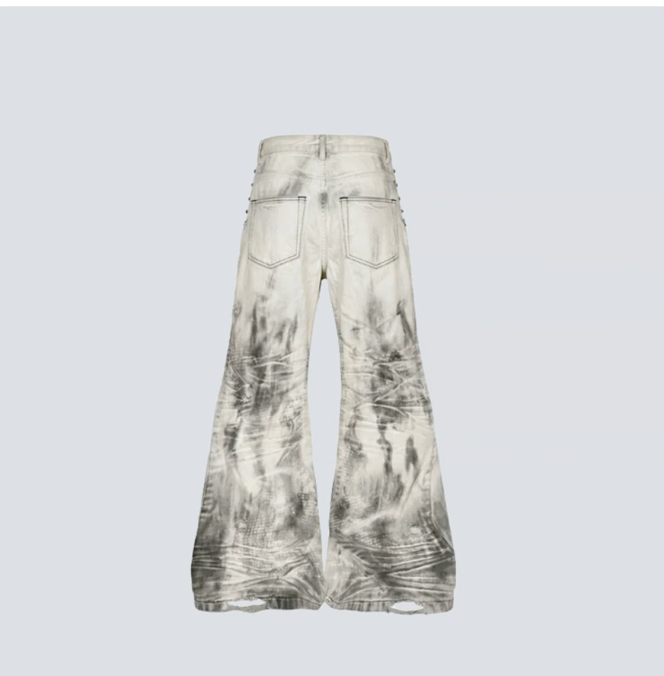 GY distressed thorn-print loose jeans, gothic style ripped and frayed fla