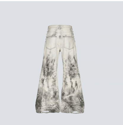 GY distressed thorn-print loose jeans, gothic style ripped and frayed fla