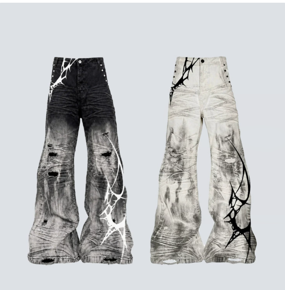 GY distressed thorn-print loose jeans, gothic style ripped and frayed fla