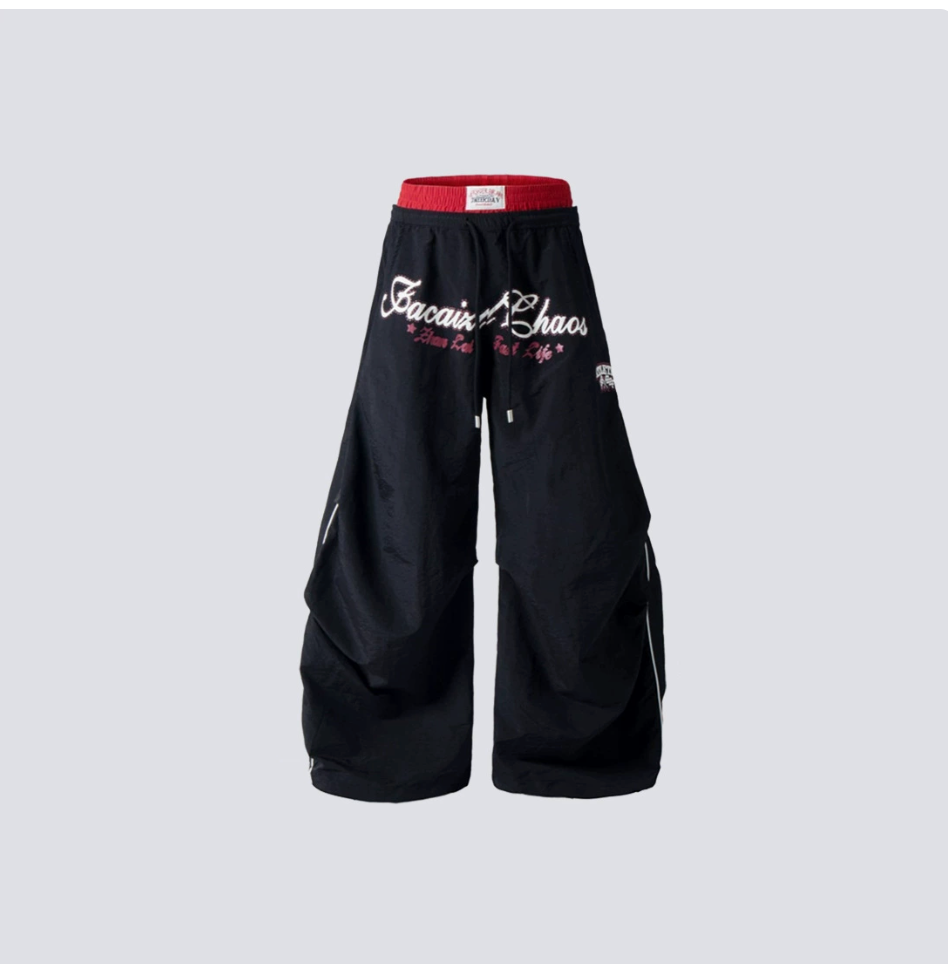 Black and red faux two-piece wide-leg pants with waistband