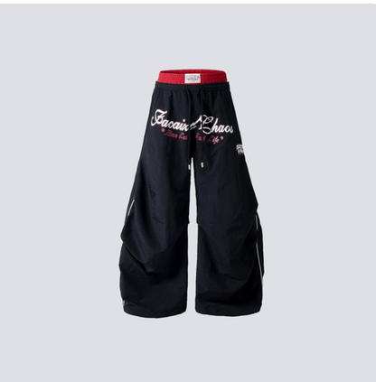 Black and red faux two-piece wide-leg pants with waistband