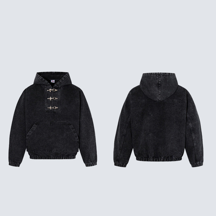 GY American-style distressed hooded sweatshirt with metal airplane buckle, half-zip hoodie, loose fit, drop-shoulder pullover jacket