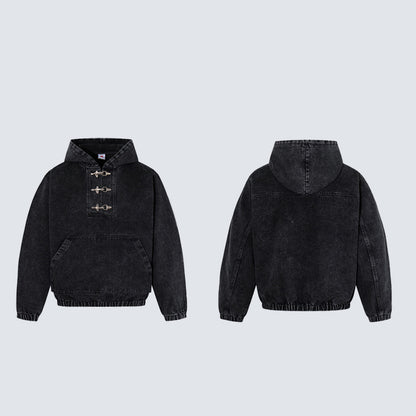 GY American-style distressed hooded sweatshirt with metal airplane buckle, half-zip hoodie, loose fit, drop-shoulder pullover jacket