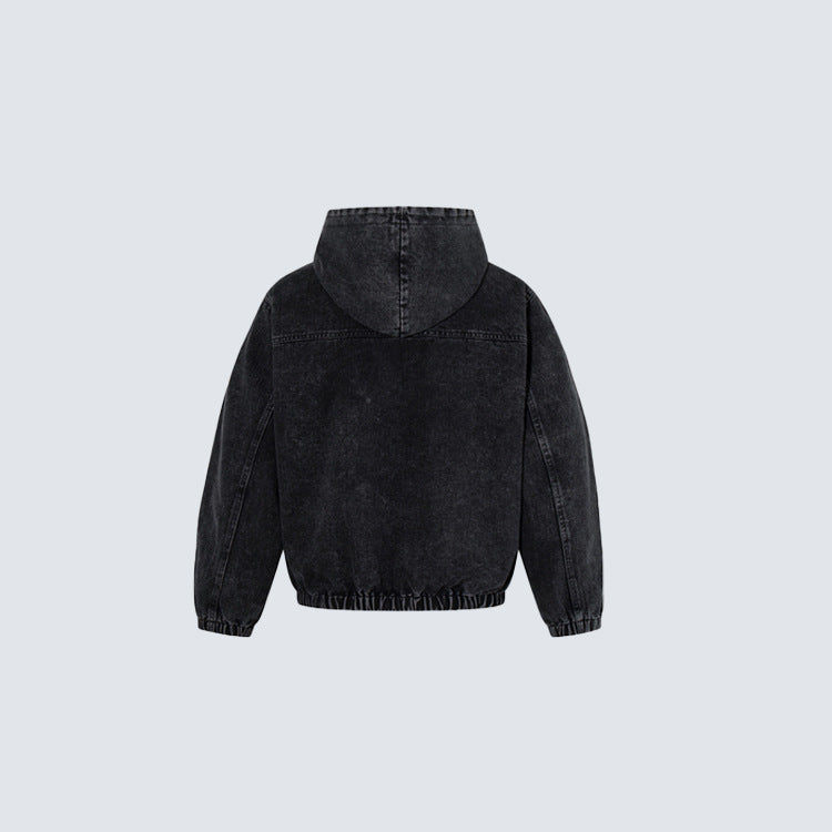 GY American-style distressed hooded sweatshirt with metal airplane buckle, half-zip hoodie, loose fit, drop-shoulder pullover jacket