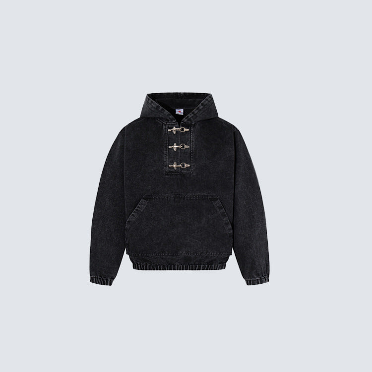 GY American-style distressed hooded sweatshirt with metal airplane buckle, half-zip hoodie, loose fit, drop-shoulder pullover jacket