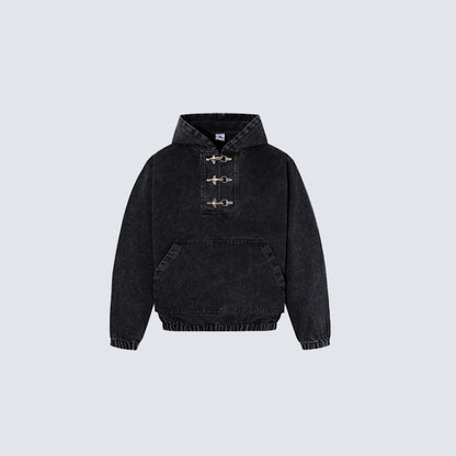 GY American-style distressed hooded sweatshirt with metal airplane buckle, half-zip hoodie, loose fit, drop-shoulder pullover jacket