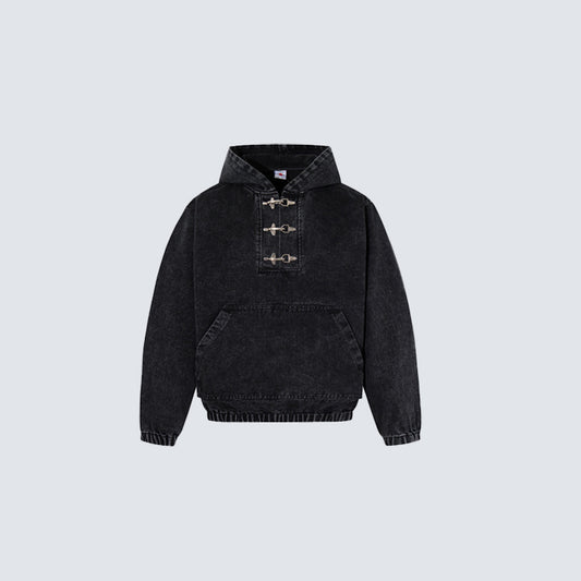 GY American-style distressed hooded sweatshirt with metal airplane buckle, half-zip hoodie, loose fit, drop-shoulder pullover jacket